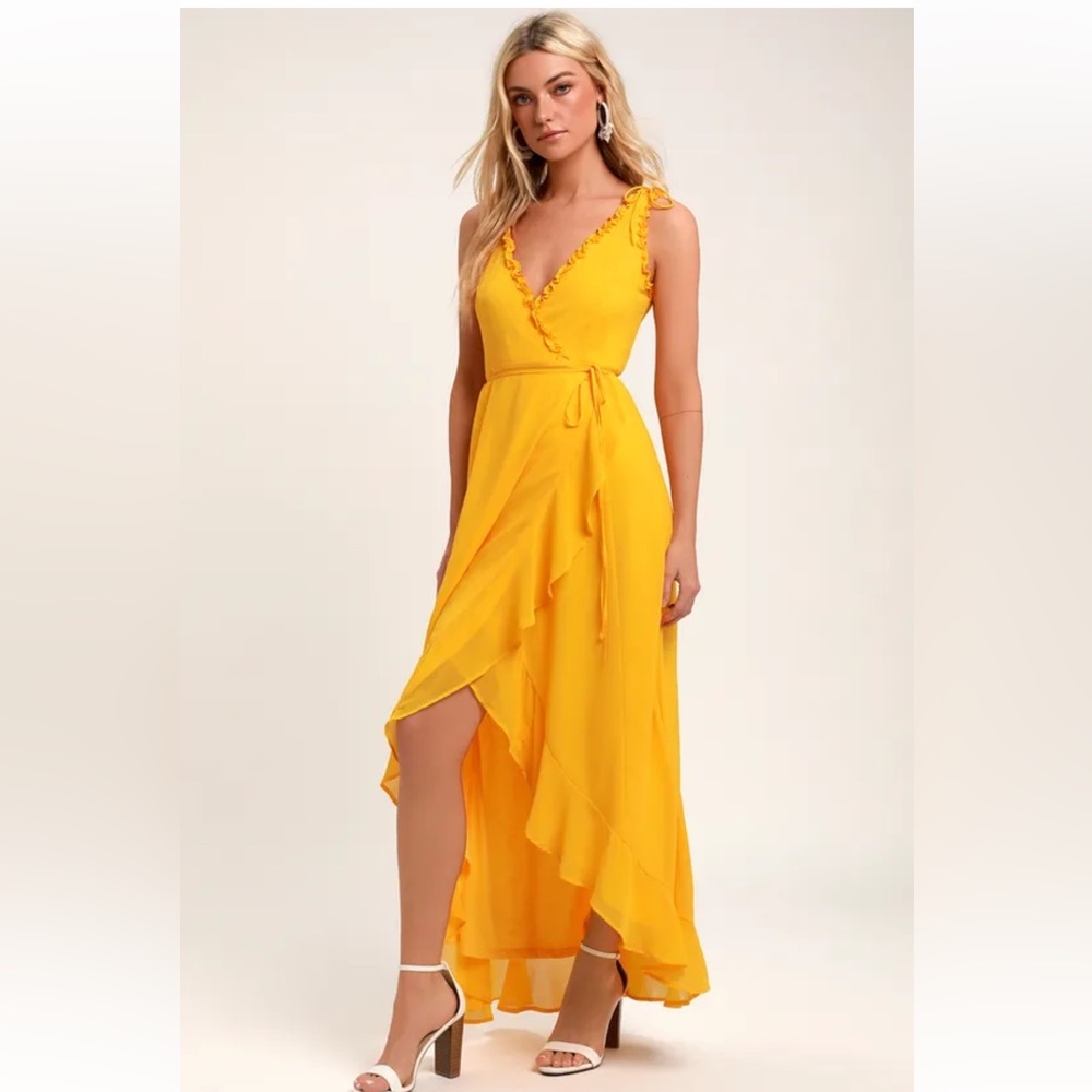 Lulu's Yellow Ruffle Wrap Maxi Dress